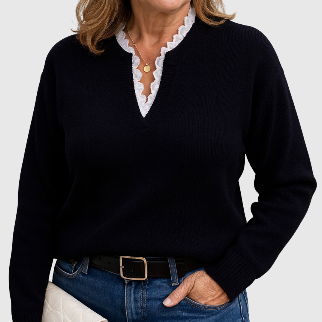 V-Neck Lace Trim Long Sleeve Sweater