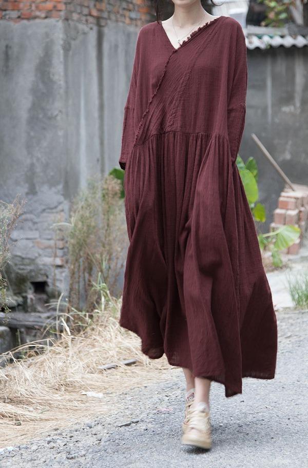 Vintage Solid Color V Neck Ripped Dress Ladies Loose Robe Dress