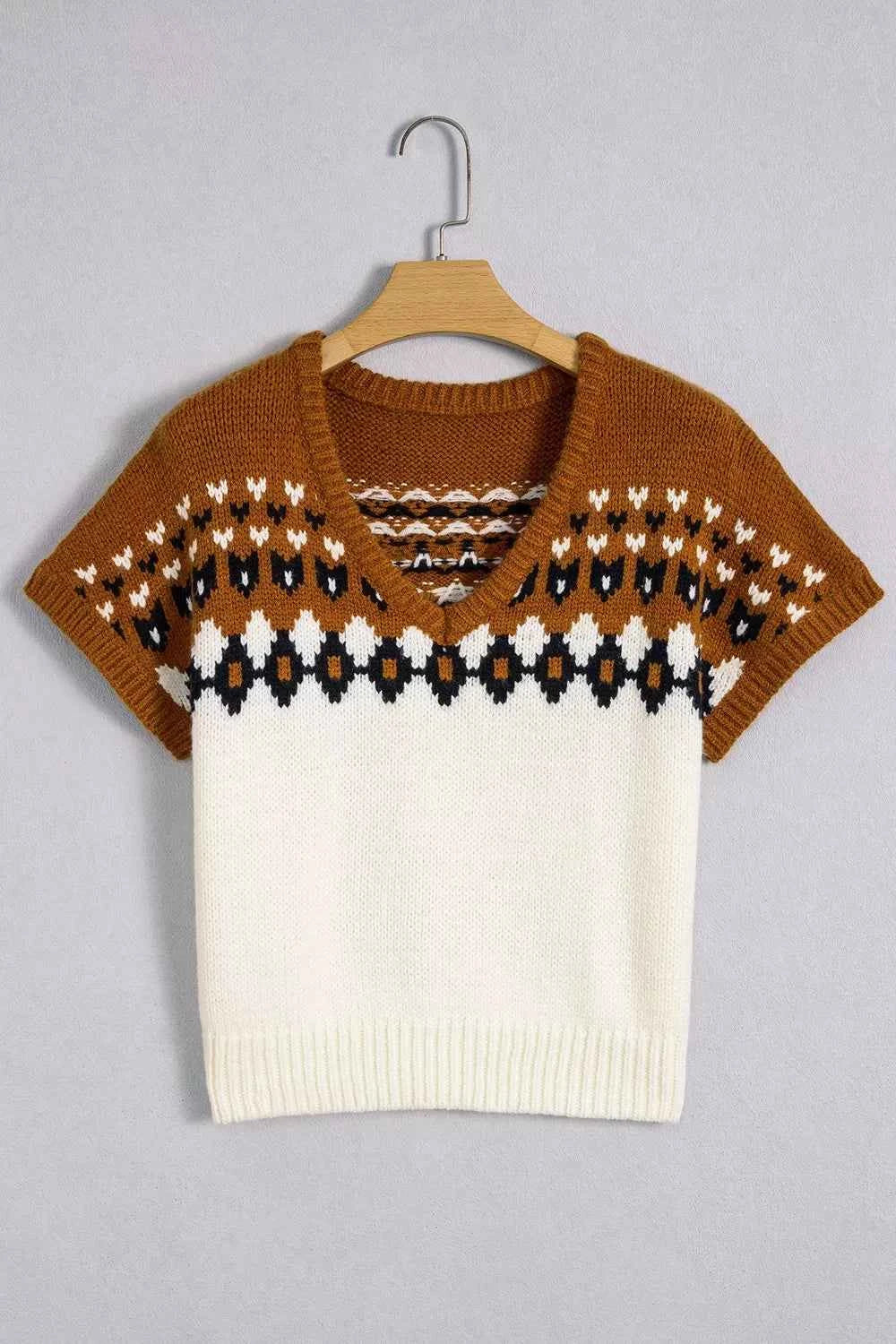 V Neck Short Sleeve Geometric Sweater