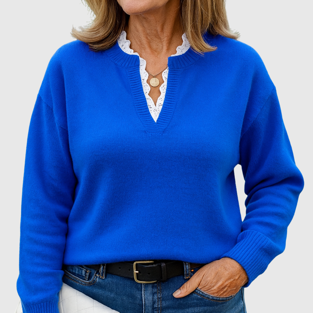 V-Neck Lace Trim Long Sleeve Sweater
