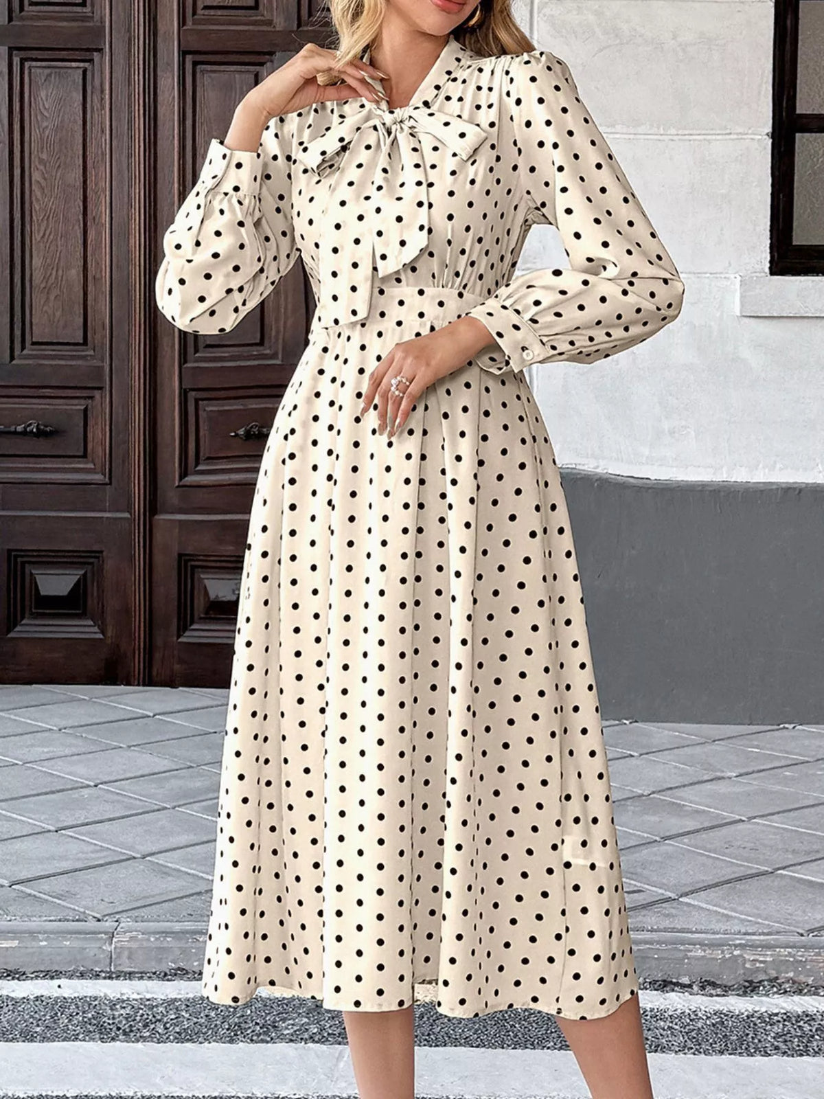 Polka Dot Bow Tie Neck Long Sleeve Pleated A-Line Midi Dress