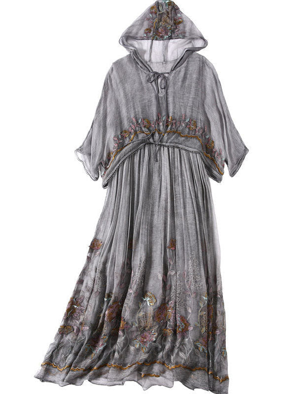Hooded V-Neck Tie Front Short Flutter Sleeve Floral Embroidered Pleated Midi Dress