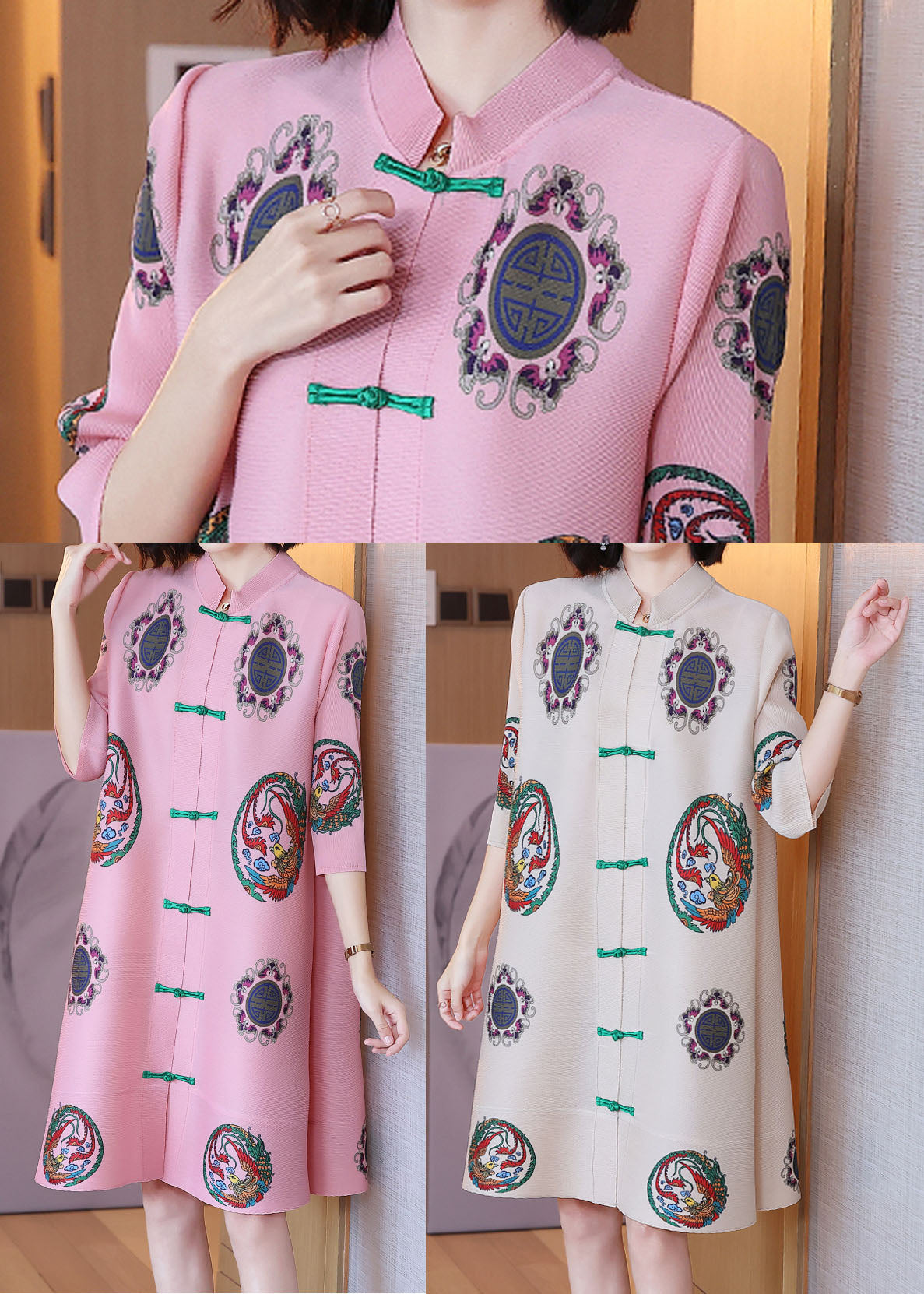 Pleated Mandarin Collar Frog Closure Phoenix Print Three Quarter Sleeve A-Line Midi Dress
