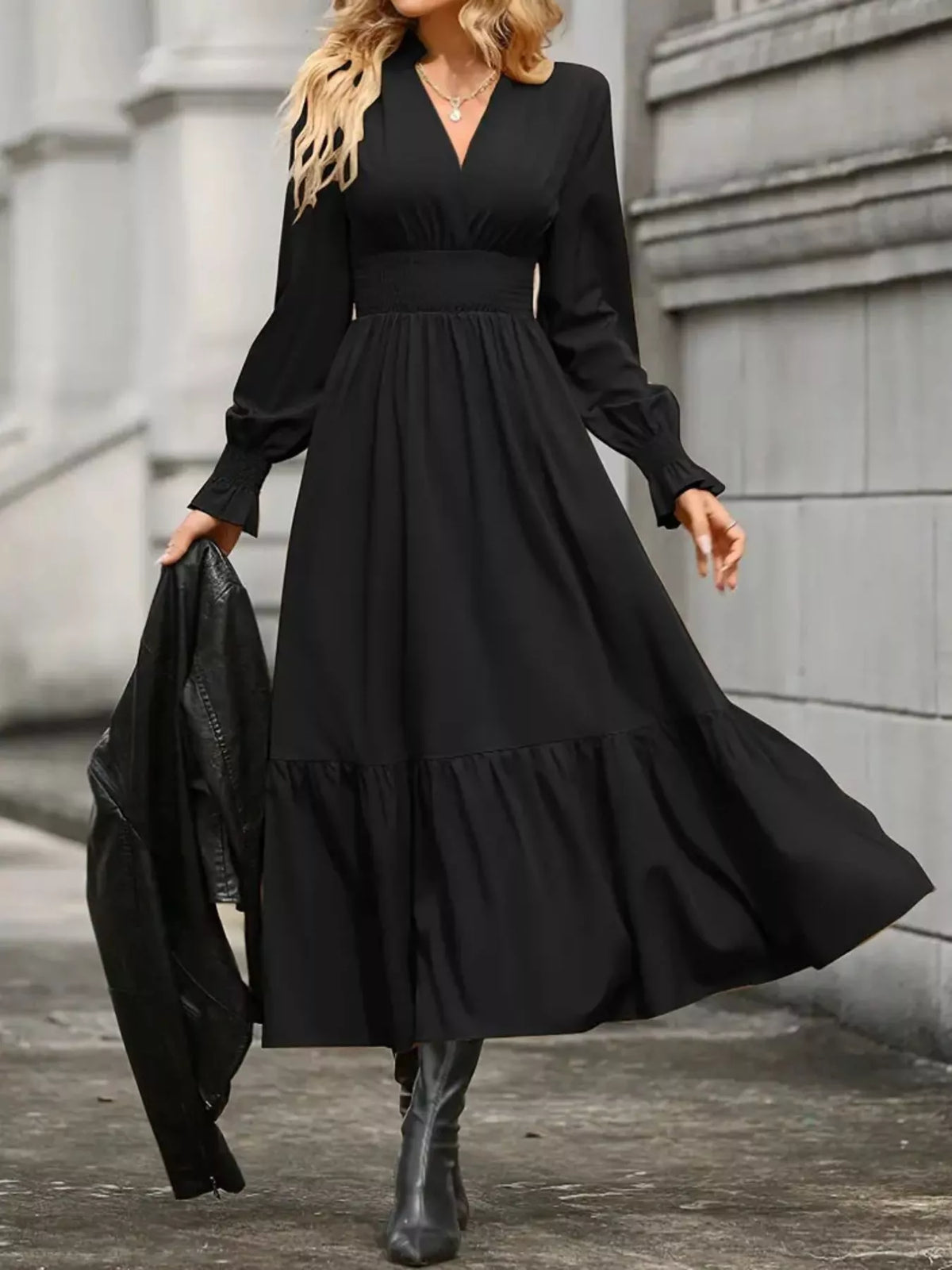 Surplice V-Neck Smocked Waist Balloon Sleeve Tiered Midi Dress 12