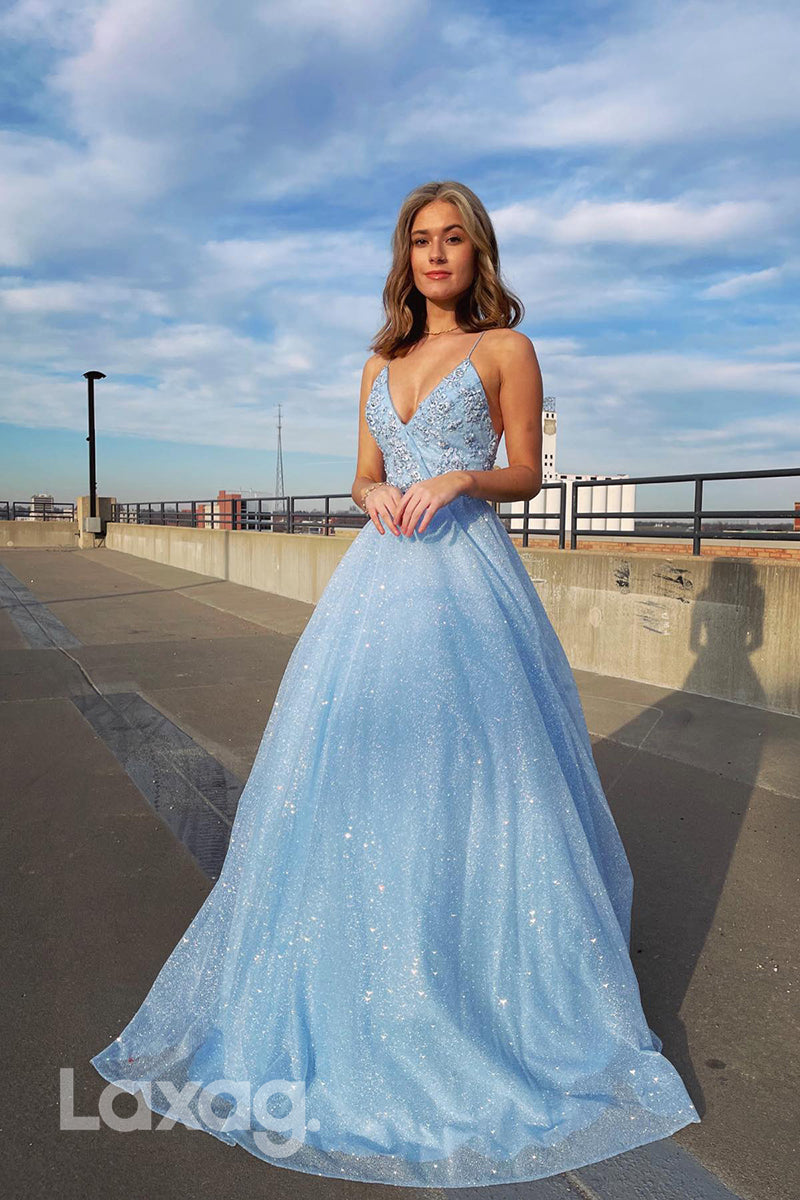 18703 - V-Neck A-Line Beaded Lace-Up Tulle Prom Dress