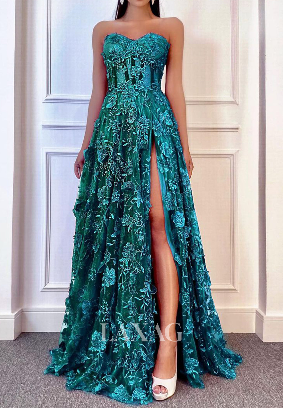 Sweetheart Off-Shoulder Sleeveless Applique Pleated High Slit Long Formal Evening Gowns