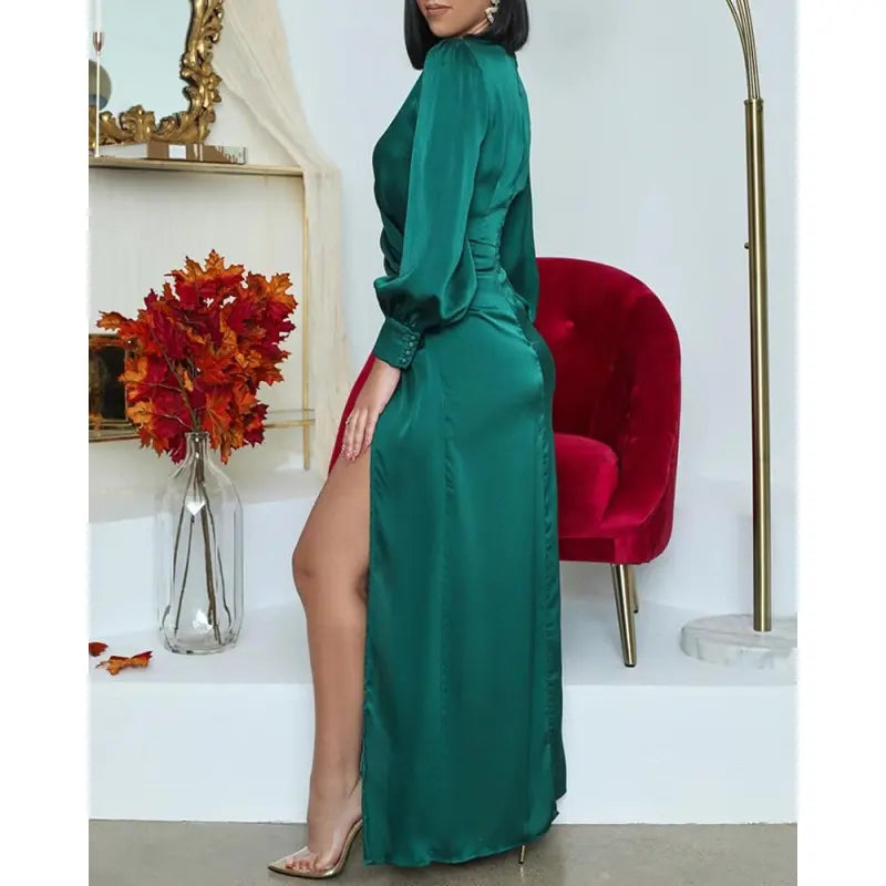 Premium Alejandra Dark Green Satin Midi Dress Wardrobe Essential