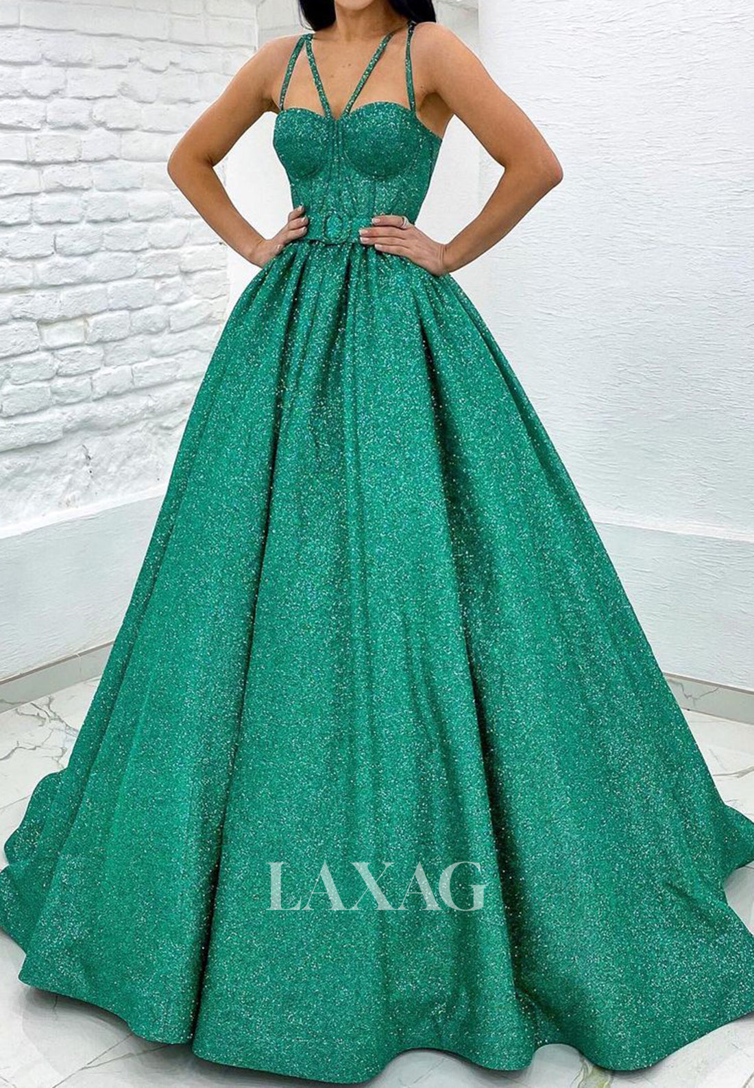 Sweetheart Spaghetti Straps Sleeveless A-Line Prom Dress Glitter-Tulle Pleated Party Gowns