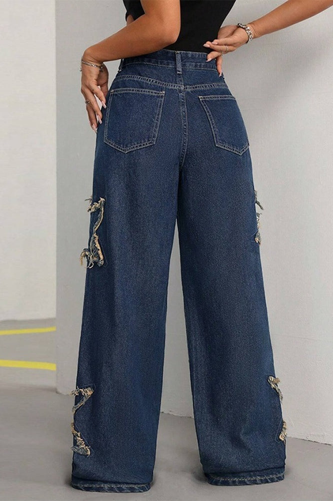 Frayed Star Patch High Waist Wide Leg Baggy Denim Jeans 3