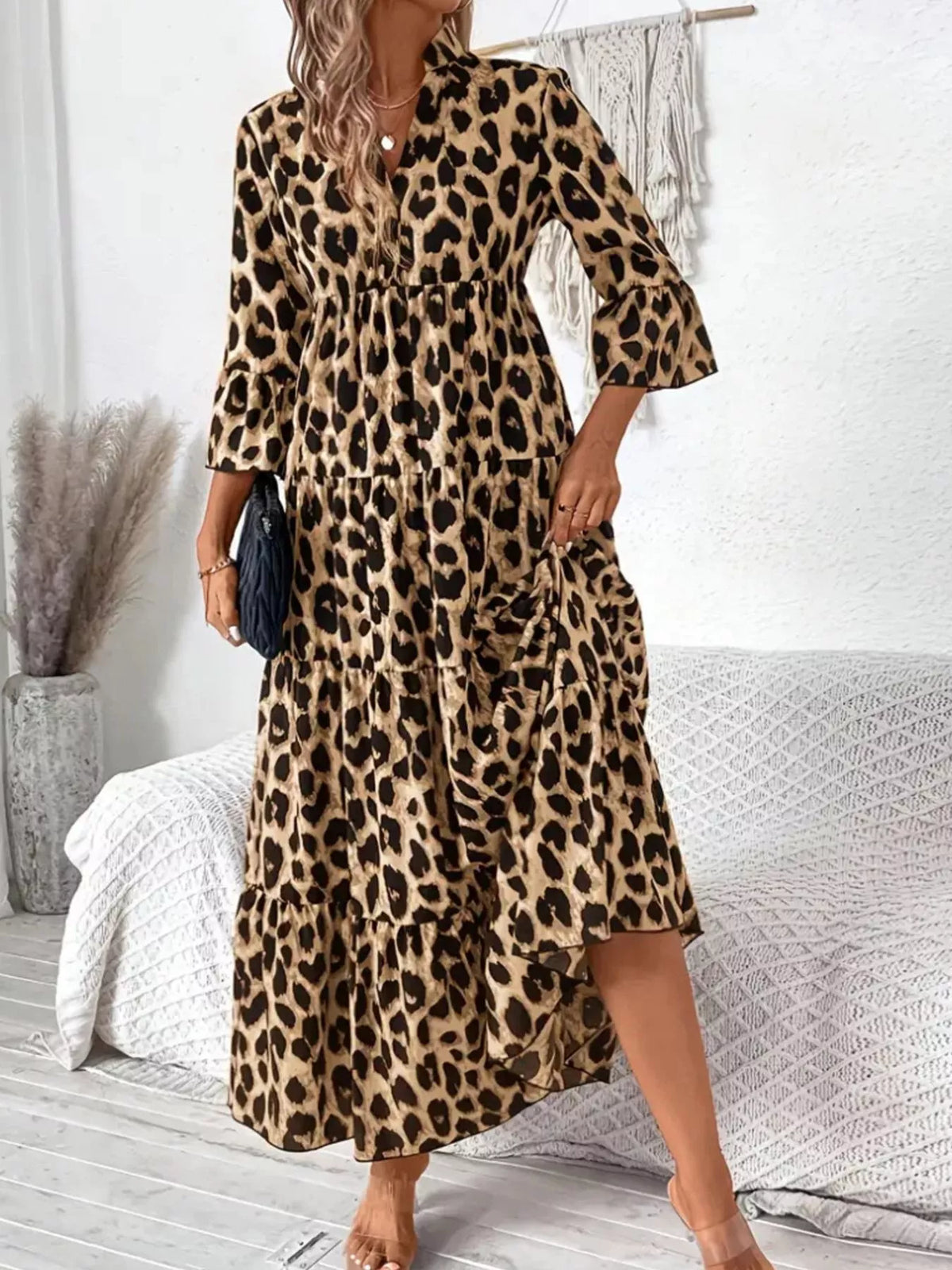 Leopard 3/4 Sleeve Midi Dress