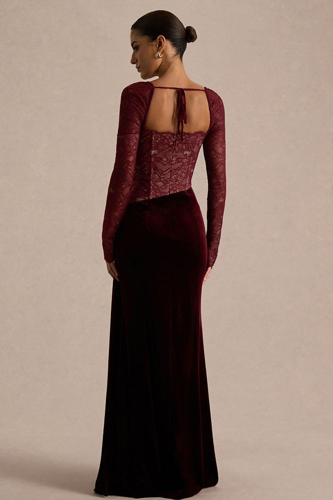 Lace Panel High Slit Long Sleeve Maxi Lace Dress