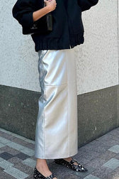 Metallic PU Leather Panel Bodycon Skirt