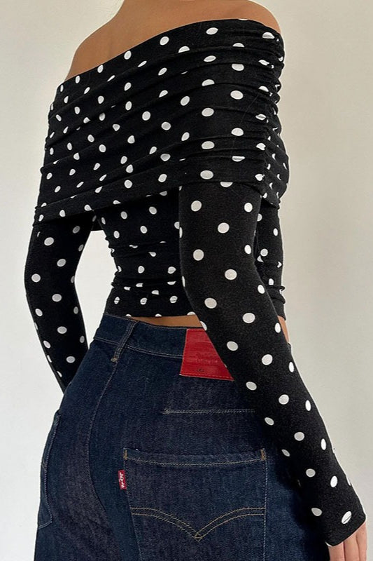 Polka Dot Color Block Off-Shoulder Crop Top