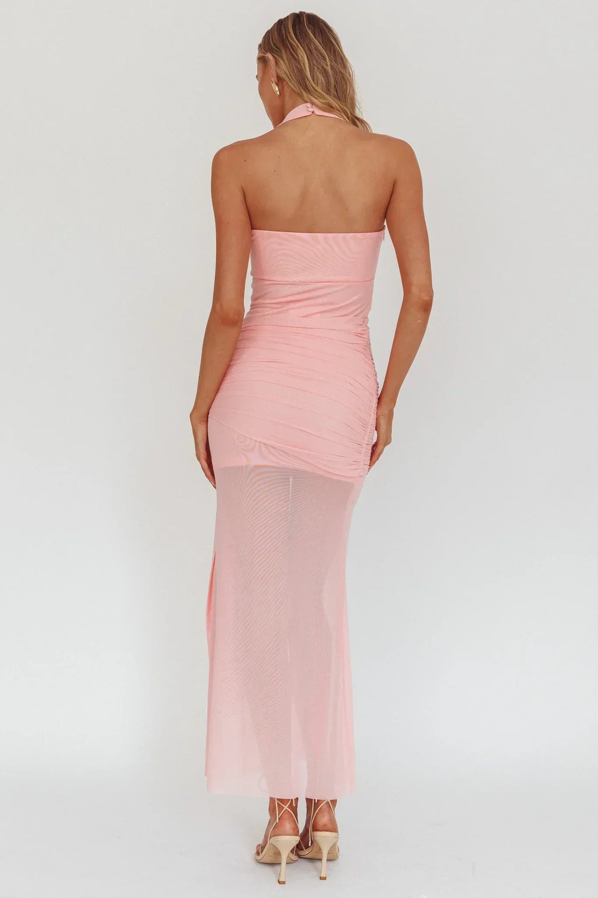 Mesh Halter Neck Ruched Side Drape Maxi Dress 3