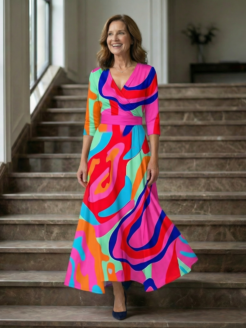 Floral V-Neck Wrap Three Quarter Sleeve Satin Maxi Dress
