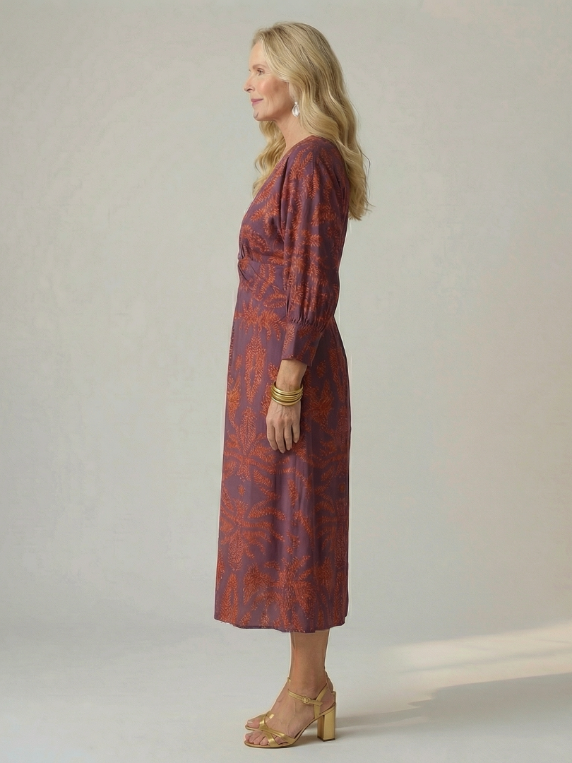 Paisley Print V-Neck Twist Front Long Sleeve Midi Dress