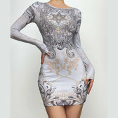 Beaded long sleeve u neck abstract contrast mini dress 8