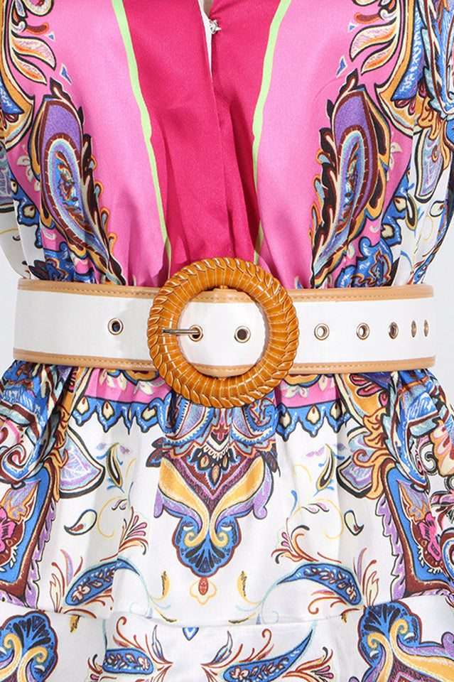 Paisley Print V-Neck Mini Dress With Belt