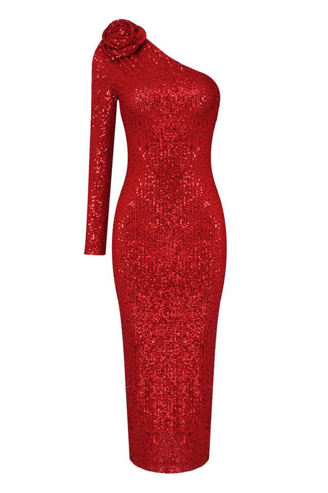 Sequin One Shoulder Long Sleeve Rosette Bodycon Midi Dress