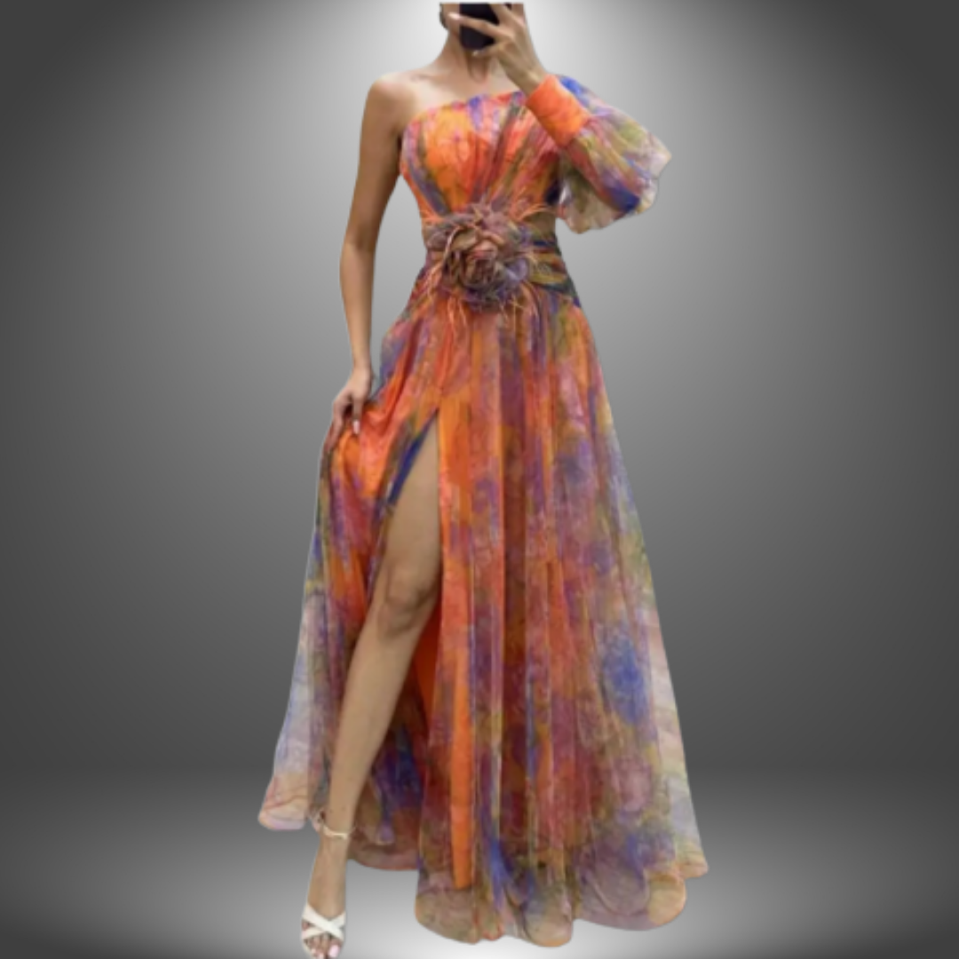 Watercolor Print One Shoulder Rosette Waist High Split Gown