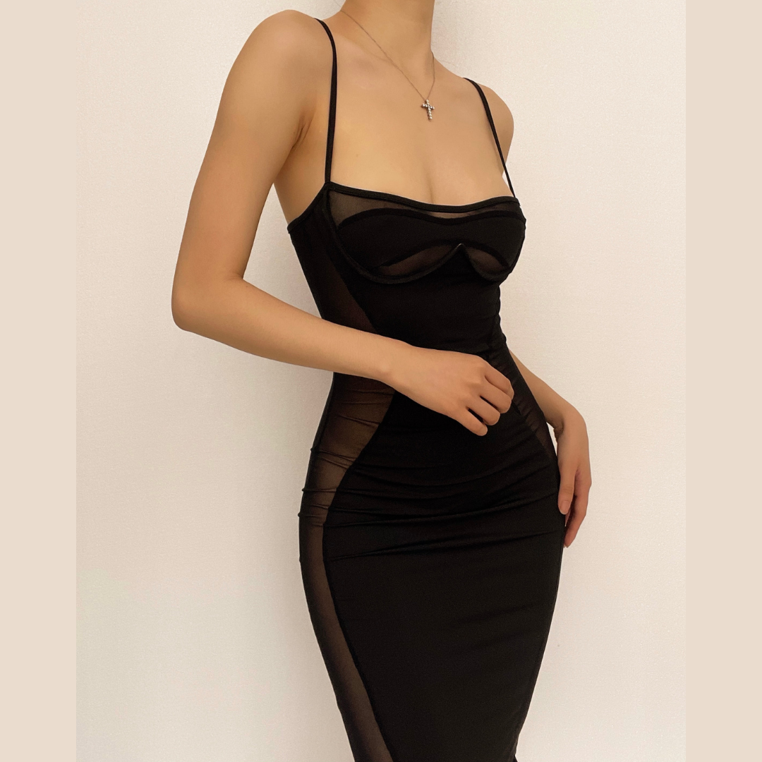 Low Cut Mesh See Through Patchwork Cami midi Dress 9