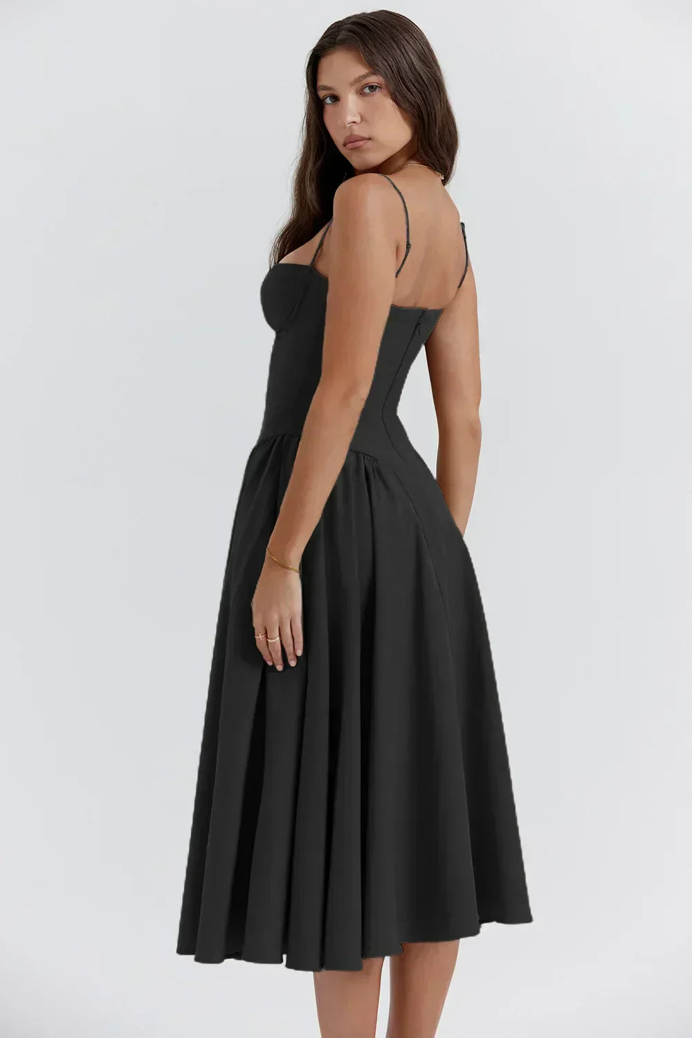 Spaghetti Strap Corset Bodice Pleated Fit and Flare Midi Dress