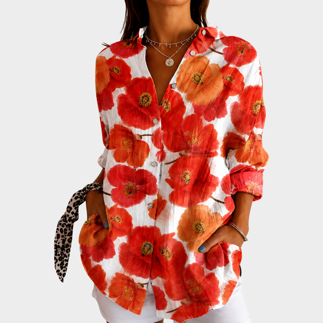 Poppy Floral Print Collared Long Sleeve Button Front Blouse