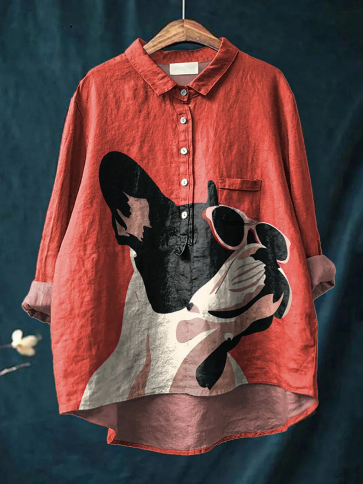 French Bulldog Print Long Sleeve Button Front High Low Shirt