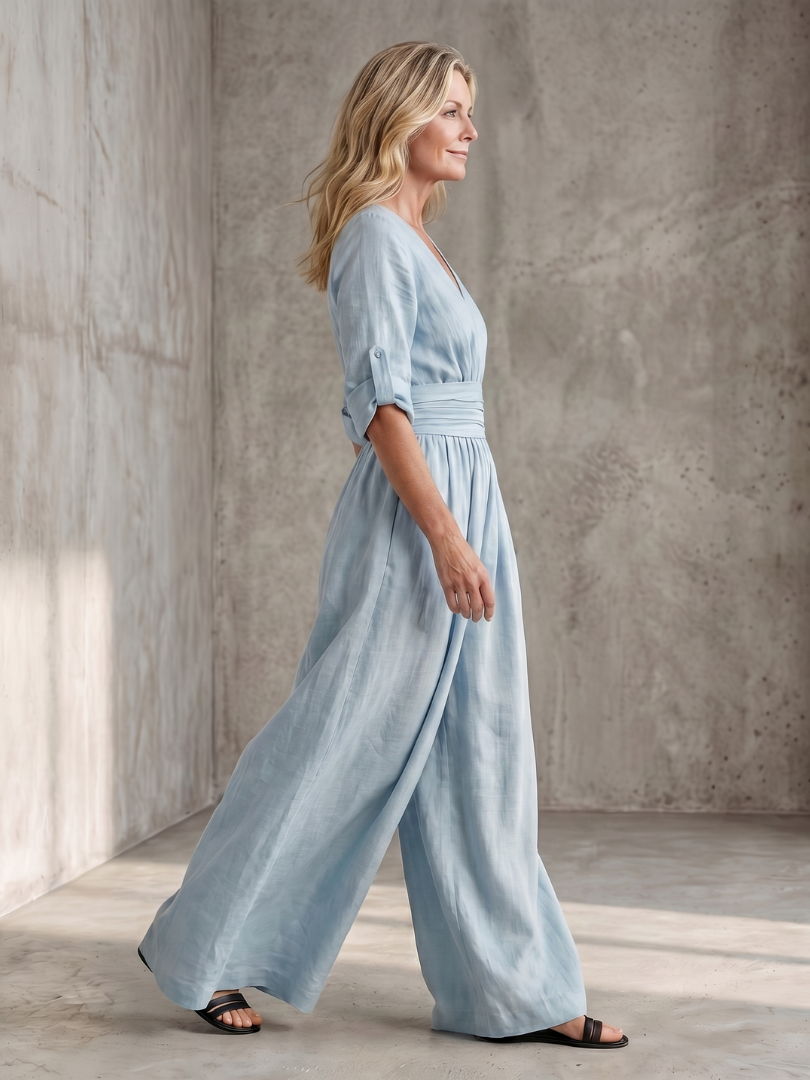 V-Neck Wrap Front Half Sleeve Wide Leg Jumpsuit