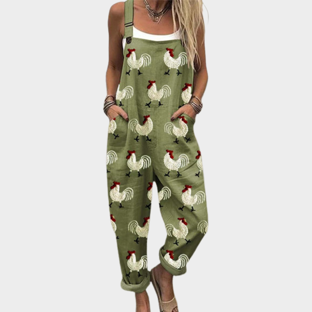 Rooster Print Pocket Overall Jumpsuit
