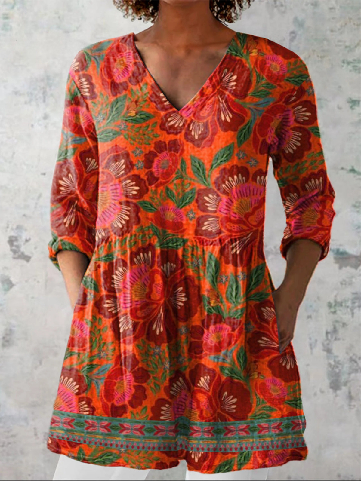 Floral Print V-Neck Peplum Tunic Blouse