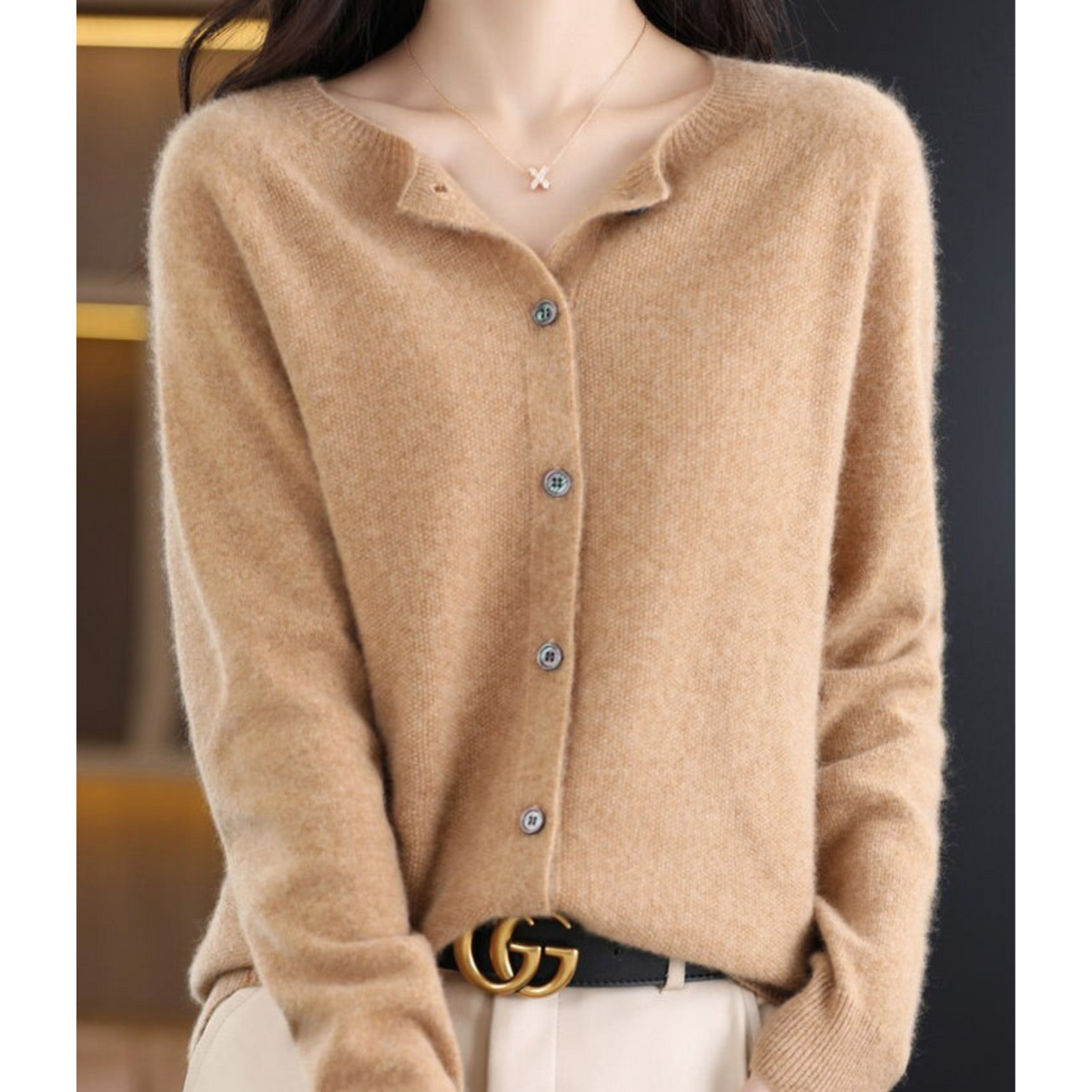 Round Neck Button Front Long Sleeve Knit Cardigan