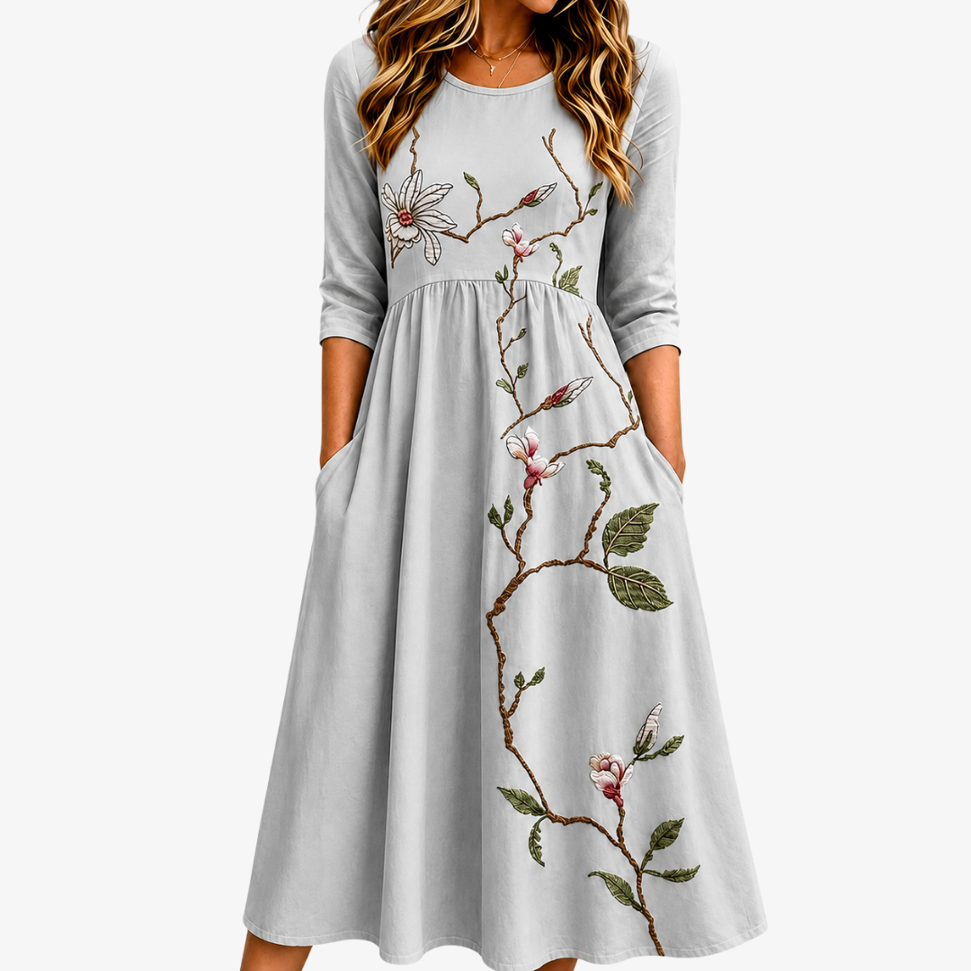 Floral Embroidered Round Neck Pocket Midi Dress