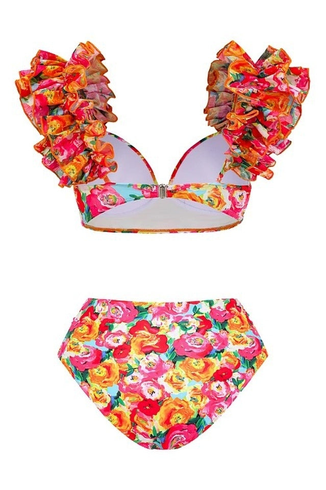 3D Floral Print Swimsuit & Skirt Set