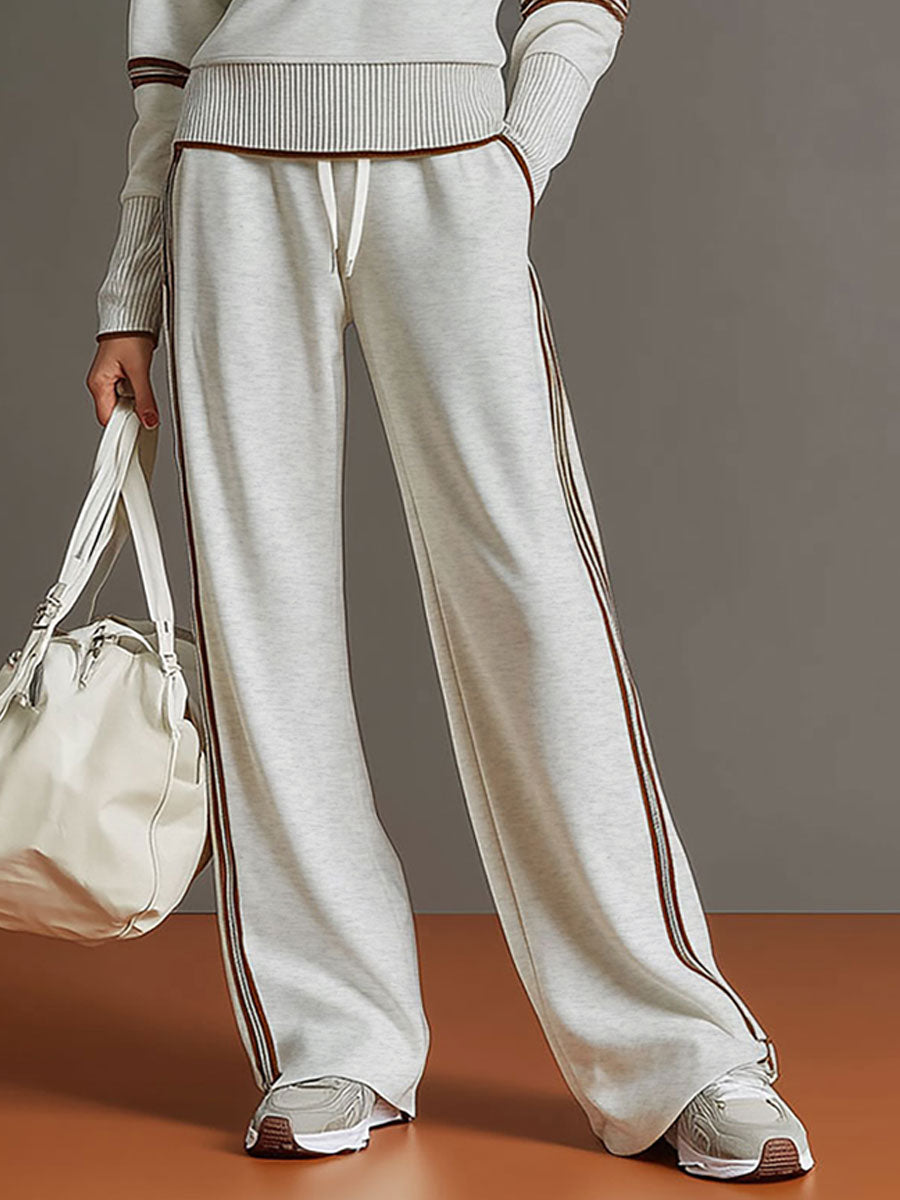 Quarter Zip Contrast Trim Pullover and Wide Leg Pants Two Piece Set