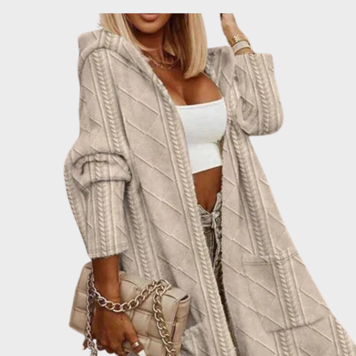 Hooded Cable Knit Longline Cardigan Coat