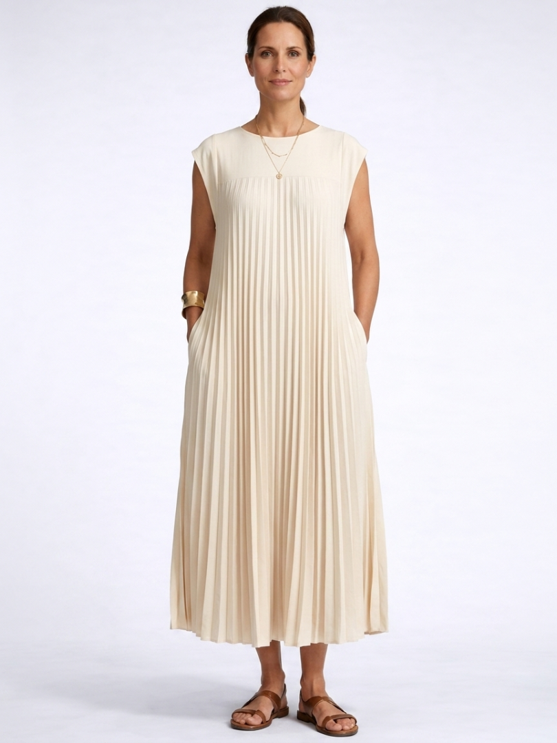 Boat Neck Cap Sleeve Pleated A-Line Maxi Dress