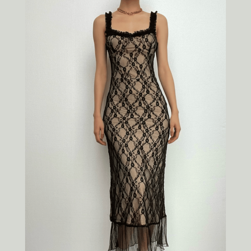 Lace Overlay Square Neck Sleeveless Ruffle Strap Mesh Hem Midi Dress