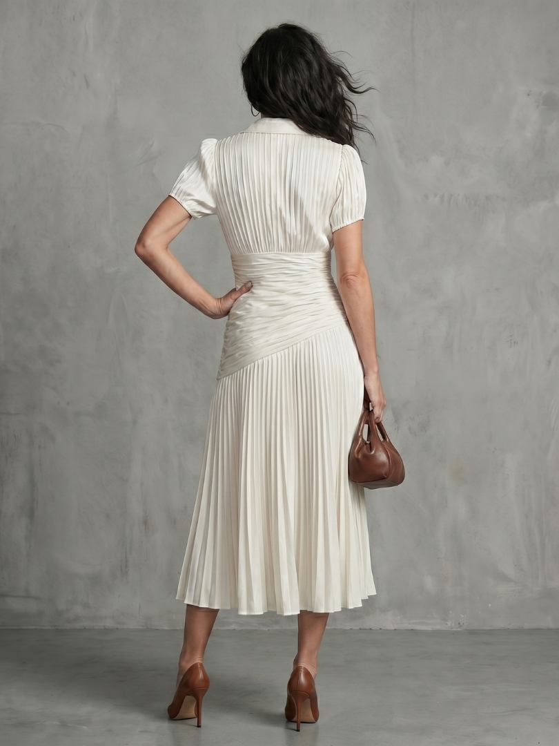 Collared V-Neck Short Sleeve Ruched Pleated Striped Midi Dress 15