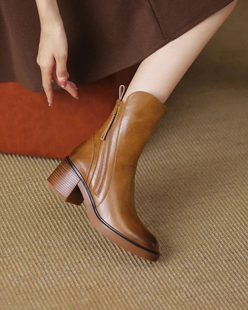 Round Toe Front Zip Block Heel Ankle Boots