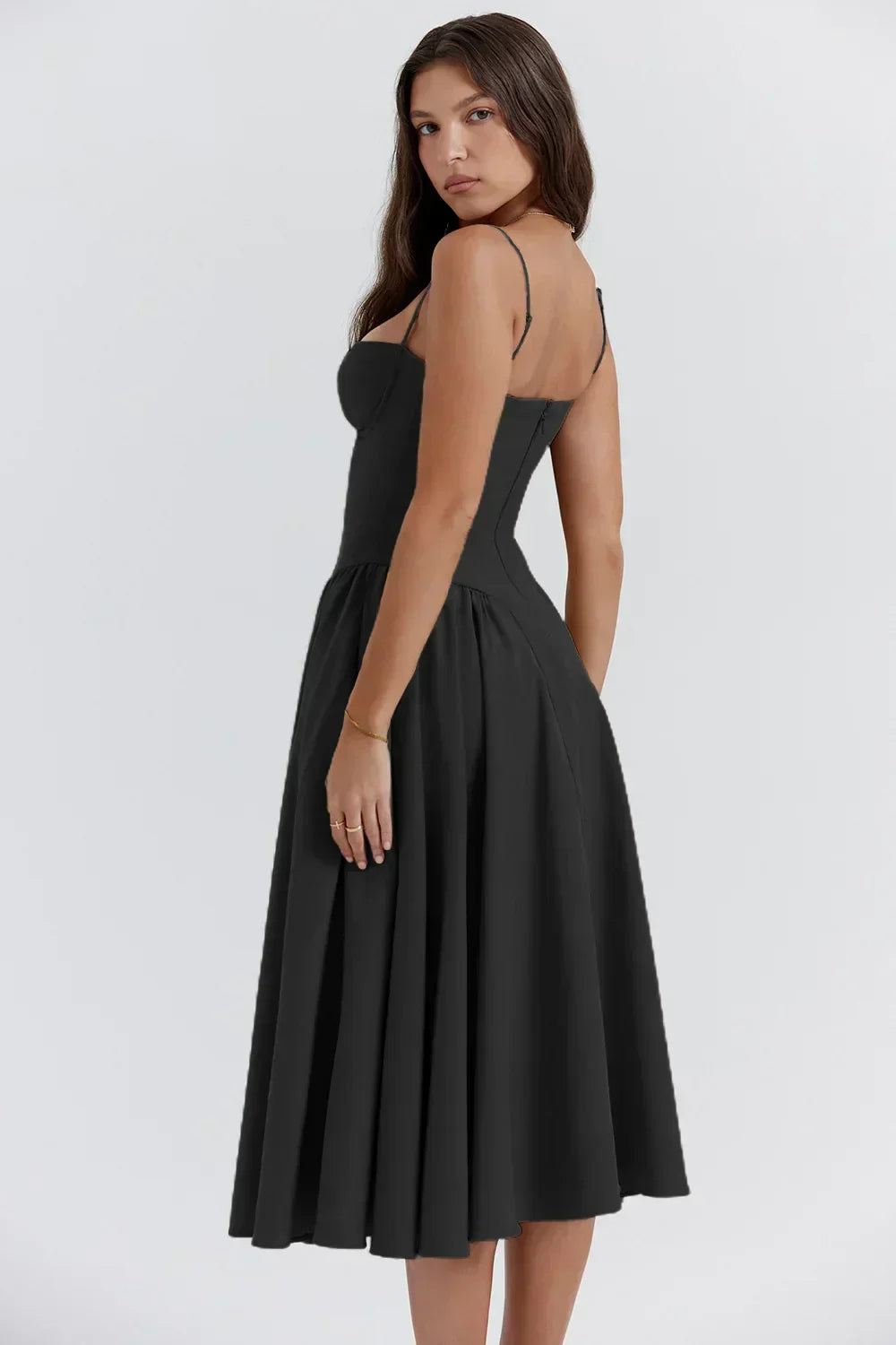 Milagros Premium Open-Shoulder Midi Dress with a Corset Fit Elevated Occasion Wear