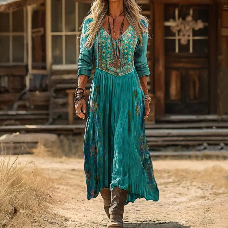 Embroidered V-Neck Long Sleeve Pleated Boho Maxi Dress