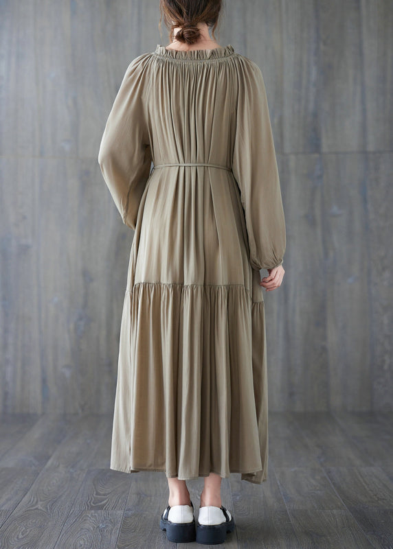Gathered Neck Puff Sleeve Tie Belt Tiered Ruffle Flowy Maxi Dress