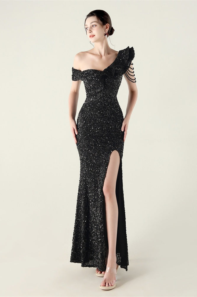 Sequin One Shoulder Ruffle High Split Mermaid Gown