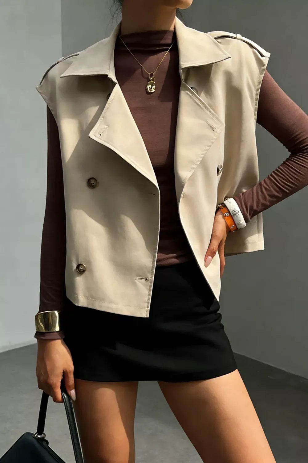 Double-Breasted Cropped Trench Vest Coat