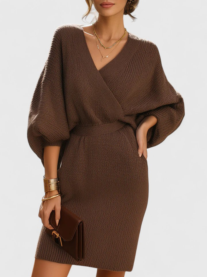 V-Neck Batwing Sleeve Wrap Knit Sweater Mini Dress