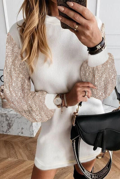 Knit Mock Neck Sequin Balloon Long Sleeve Sweater Mini Dress