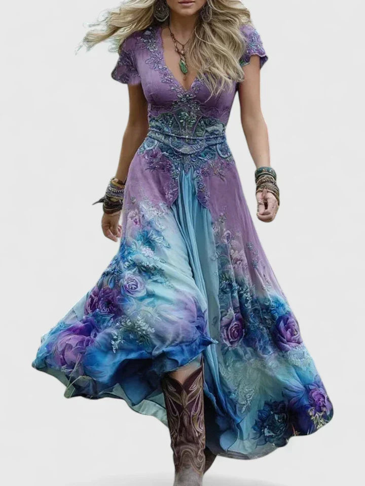 V-Neck Short Sleeve Floral Embellished Waist Maxi Dress