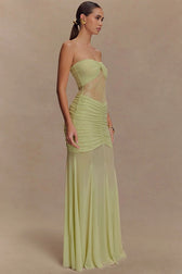 Strapless Ruched Cutout Bodycon Lace Dress