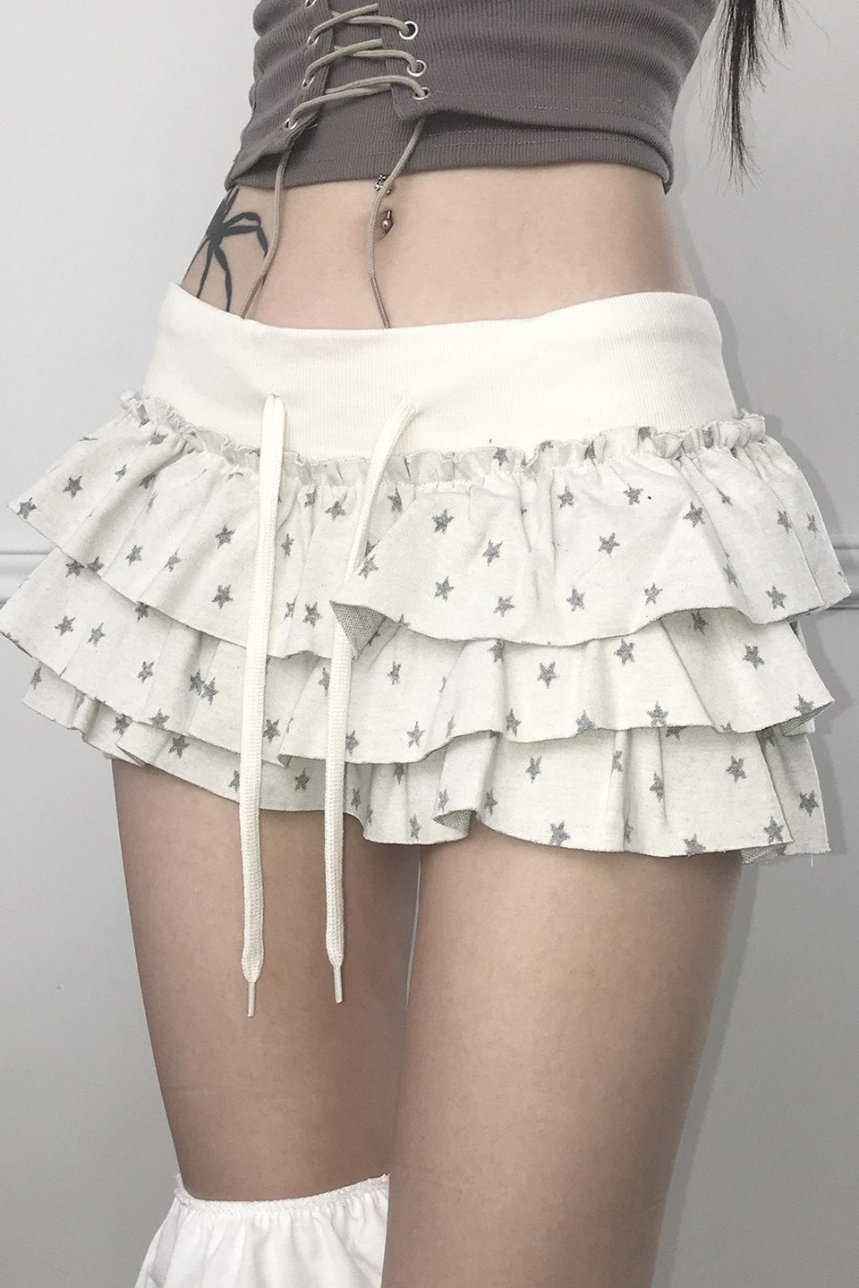 Star Print Tiered Ruffle Drawstring Low Rise Mini Skirt 2